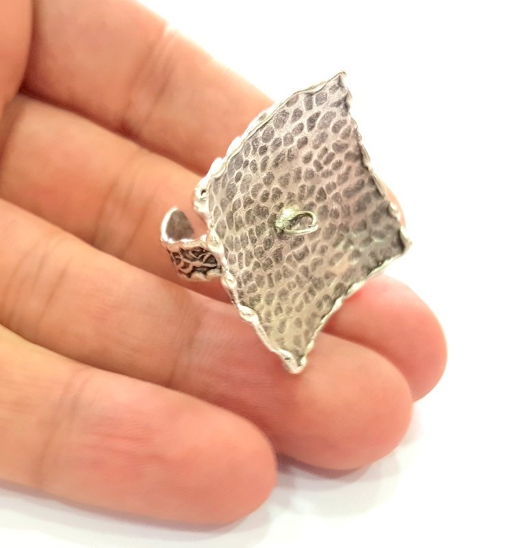 Silver Ring Setting Resin Ring Blank Cabochon Base inlay Mounting Adjustable Ring Base Bezel (29mm) Antique Silver Plated Brass G14353