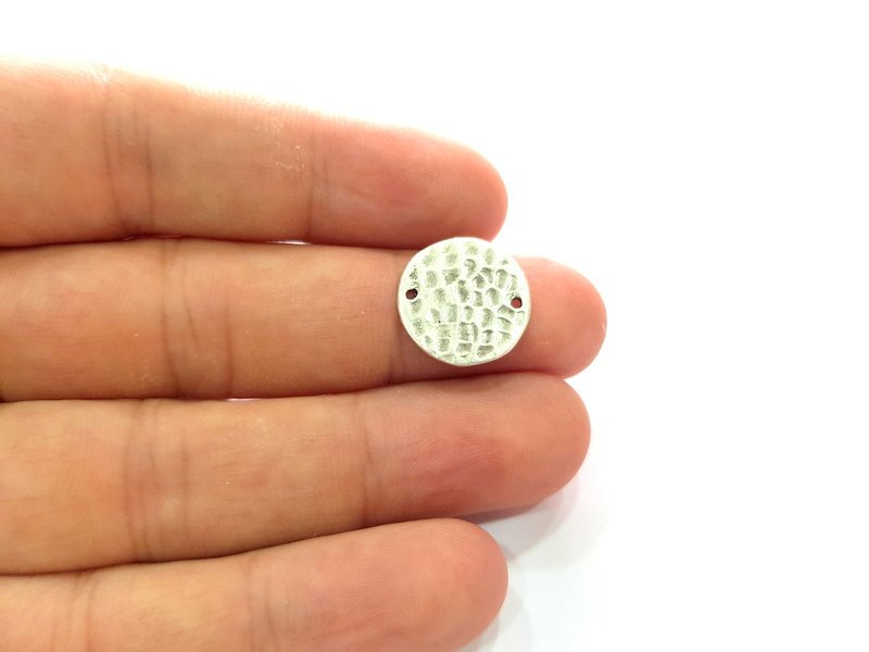 4 Silver Charms Round Stamp Charms 16mm Hammered Brass Tag Antique Silver Plated Brass  Charms   G14415