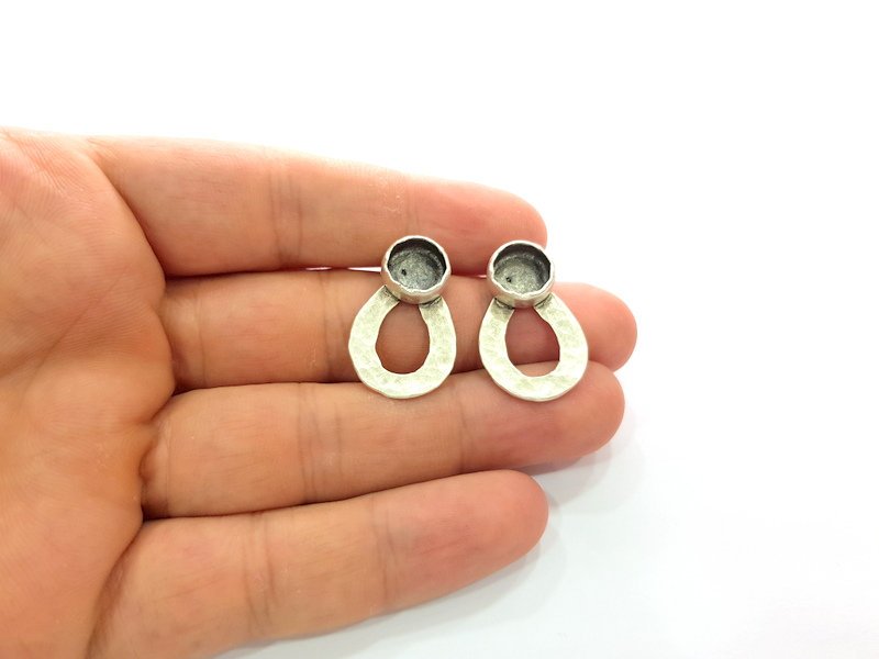 Earring Blank Base Settings Silver Resin Blank Cabochon Base inlay Blank Mountings Antique Silver Plated Brass (10mm blank) 1 Pair  G14448