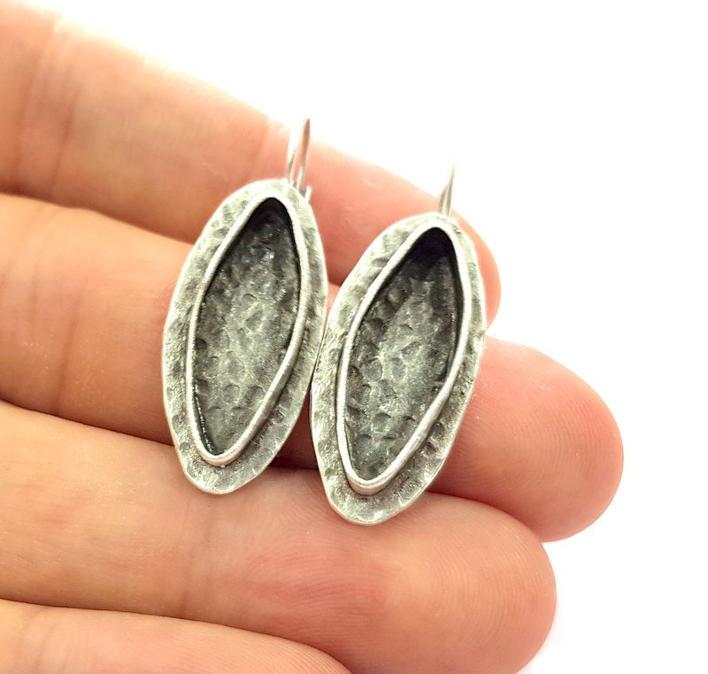 Earring Blank Base Settings Silver Resin Blank Cabochon Base inlay Blank Mountings Antique Silver Plated Brass (22x8mm blank) 1 Set  G14449