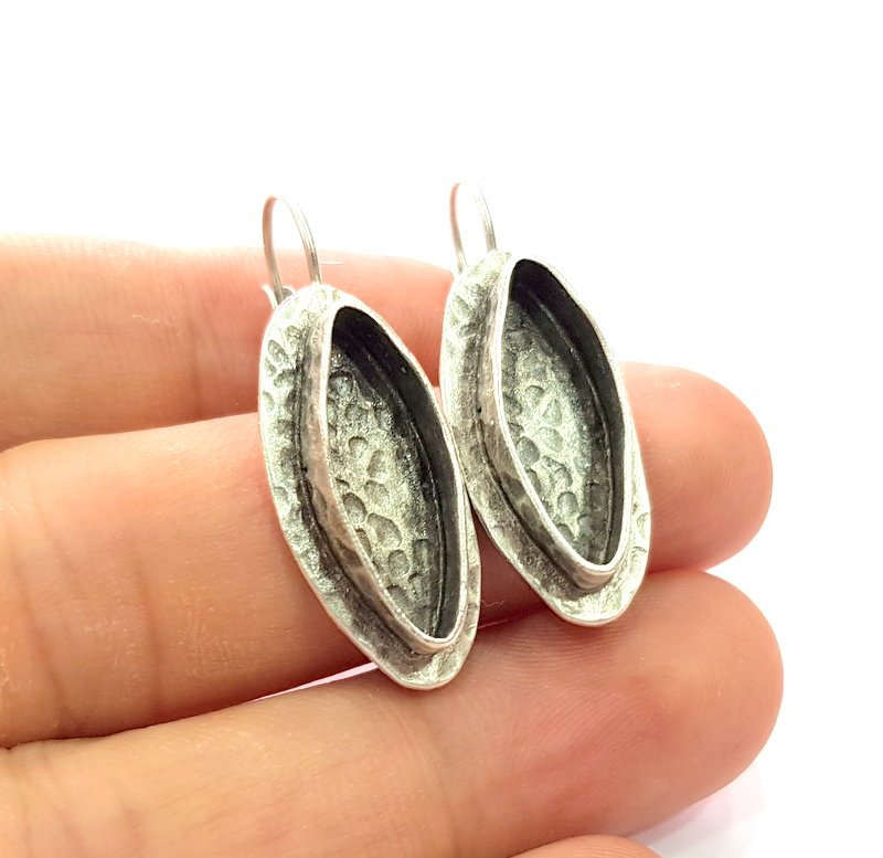 Earring Blank Base Settings Silver Resin Blank Cabochon Base inlay Blank Mountings Antique Silver Plated Brass (22x8mm blank) 1 Set  G14449
