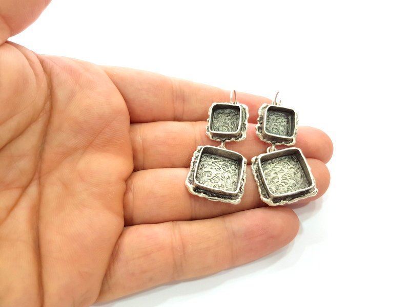 Earring Blank Base Settings Silver Resin Blank Cabochon Base inlay Blank Mountings Antique Silver Plated Brass (10+15mm blank) 1 Set  G14457