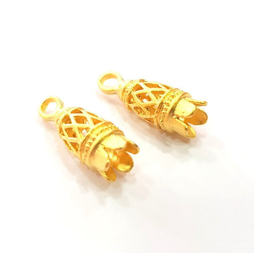 2 Gold Plated Brass Flower Cone Charms G14463
