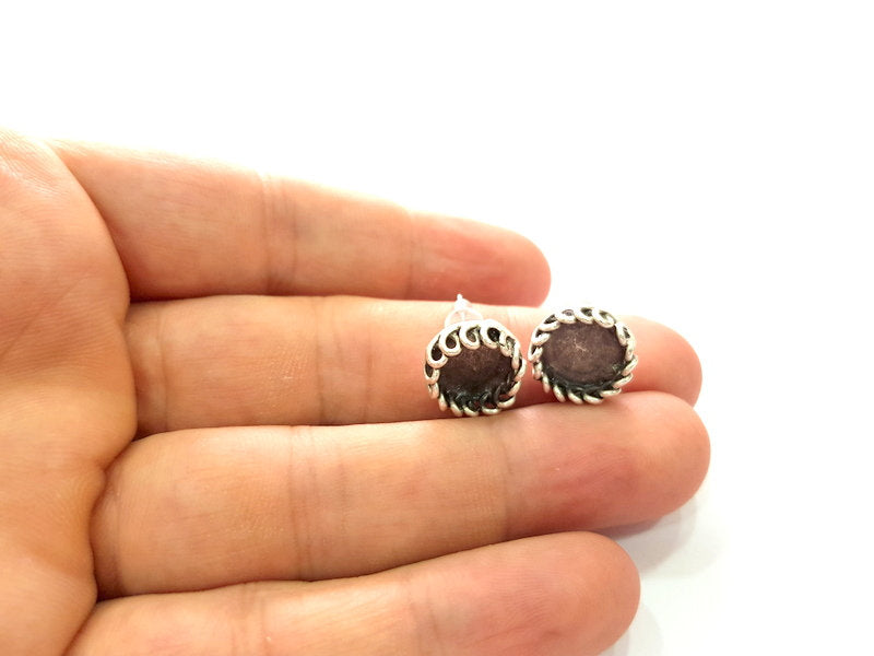 Earring Blank Base Settings Silver Resin Blank Cabochon Base inlay Blank Mountings Antique Silver Plated Brass (10mm blank) 1 Set  G14482