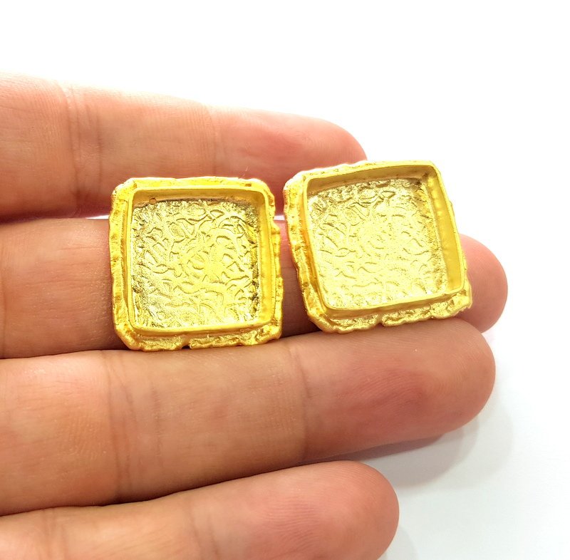 Earring Blank Base Settings Gold Resin Blank Cabochon Bases inlay Blank Mountings Gold Plated Brass (18x18mm blank) 1 Set  G14491