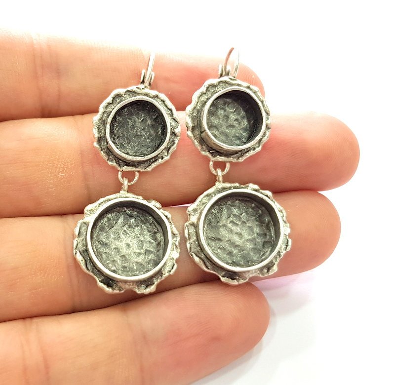 Earring Blank Base Settings Silver Resin Blank Cabochon Base inlay Blank Mountings Antique Silver Plated Brass (10+14mm blank) 1 Set  G14494