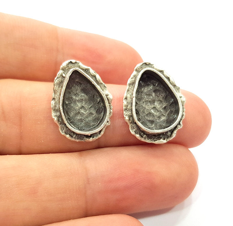 Earring Blank Base Settings Silver Resin Blank Cabochon Base inlay Blank Mountings Antique Silver Plated Brass (14x10mm blank) 1 Set  G14508