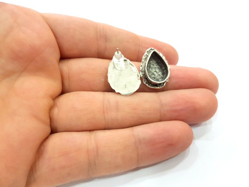 Earring Blank Base Settings Silver Resin Blank Cabochon Base inlay Blank Mountings Antique Silver Plated Brass (14x10mm blank) 1 Set  G14508