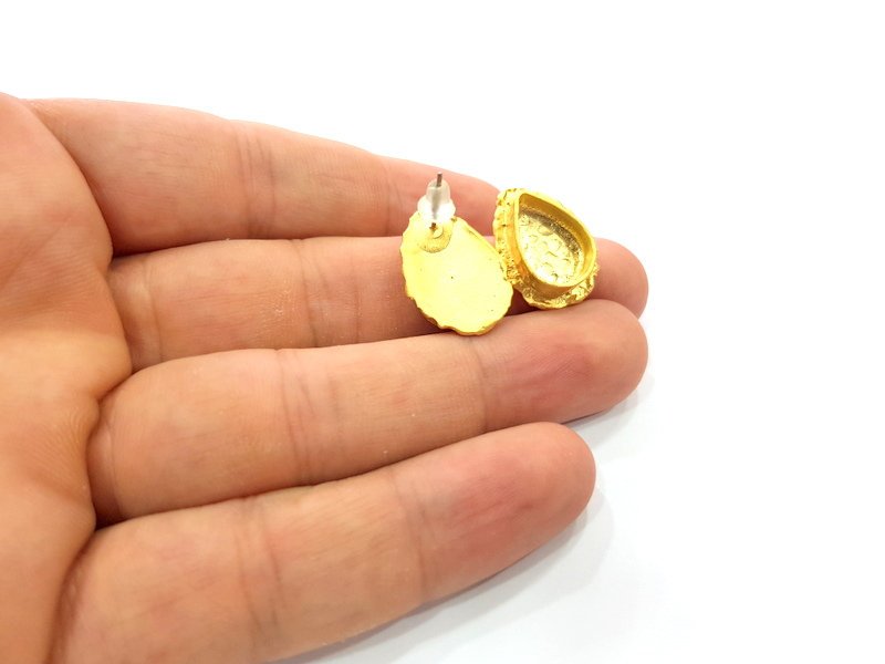 Earring Blank Base Settings Gold Resin Blank Cabochon Bases inlay Blank Mountings Gold Plated Brass (14x10mm blank) 1 Set  G14509