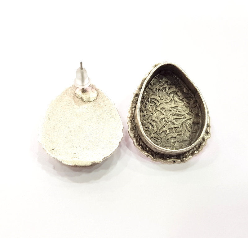 Earring Blank Base Settings Silver Resin Blank Cabochon Base inlay Blank Mountings Antique Silver Plated Brass (25x18mm blank) 1 Set  G14510