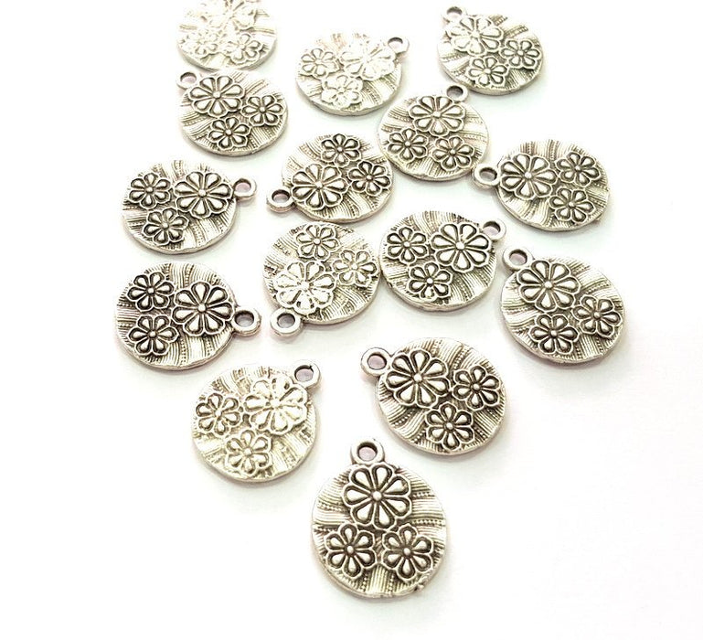 10 Flower Charm Silver Charms Antique Silver Plated Metal (14mm) G14221