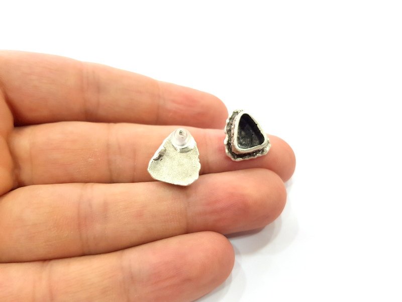 Earring Blank Base Settings Silver Resin Blank Cabochon Base inlay Blank Mountings Antique Silver Plated Brass (9x7mm blank) 1 Set  G14513