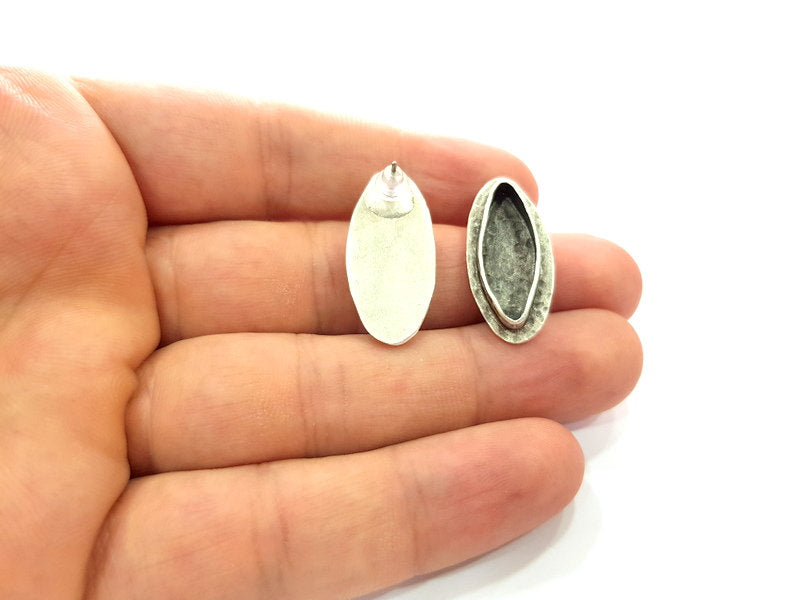 Earring Blank Base Settings Silver Resin Blank Cabochon Base inlay Blank Mountings Antique Silver Plated Brass (22x8mm blank) 1 Set  G14536