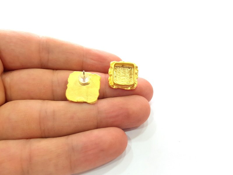 Earring Blank Base Settings Gold Resin Blank Cabochon Bases inlay Blank Mountings Gold Plated Brass (10x10mm blank) 1 Set  G14541
