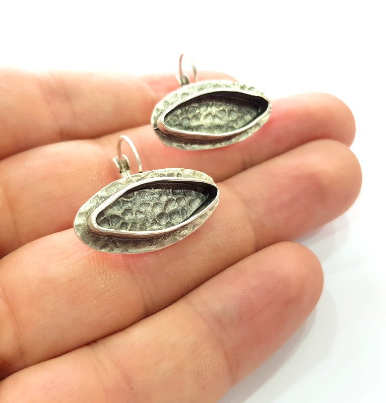 Earring Blank Base Settings Silver Resin Blank Cabochon Base inlay Blank Mountings Antique Silver Plated Brass (22x8mm blank) 1 Set  G14546