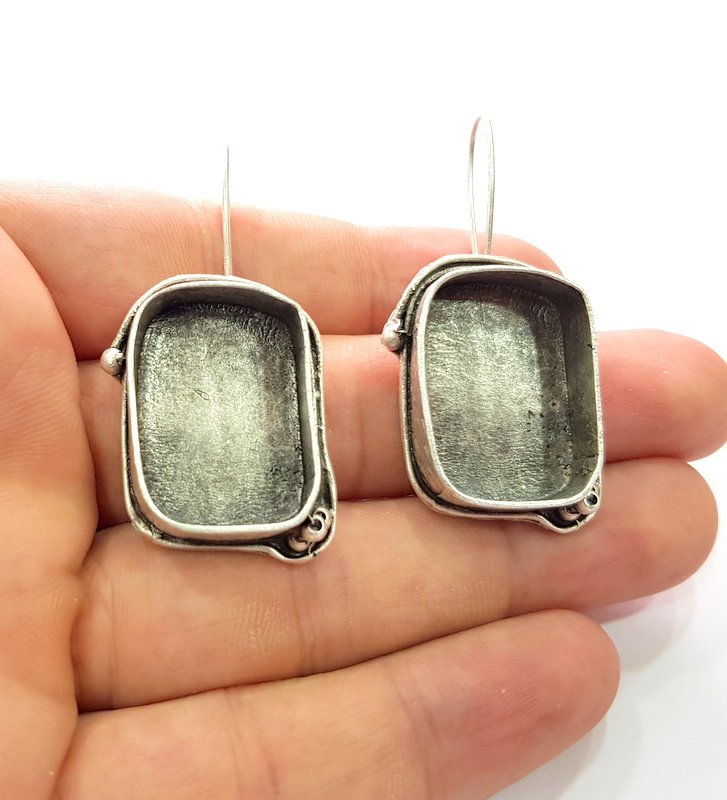 Earring Blank Base Settings Silver Resin Blank Cabochon Base inlay Blank Mountings Antique Silver Plated Brass (25x18mm blank) 1 Set  G14553