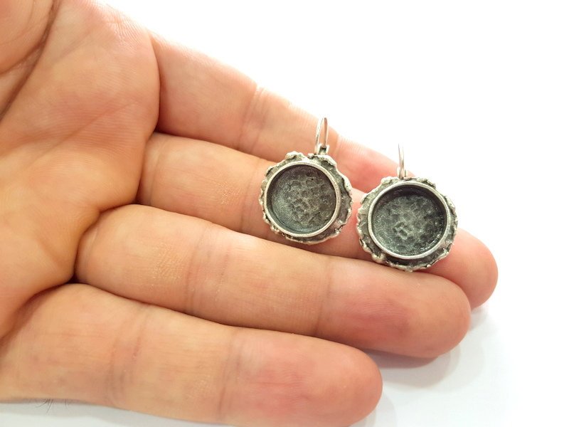 Earring Blank Base Settings Silver Resin Blank Cabochon Base inlay Blank Mountings Antique Silver Plated Brass (14mm blank) 1 Set  G14556
