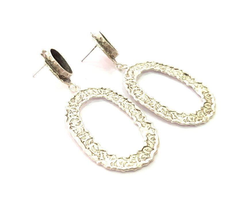 Earring Blank Base Settings Silver Resin Blank Cabochon Base inlay Blank Mountings Antique Silver Plated Brass (14x10mm blank) 1 Set  G14241