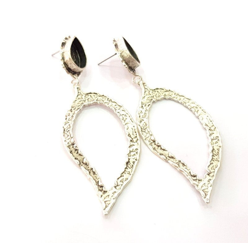 Earring Blank Base Settings Silver Resin Blank Cabochon Base inlay Blank Mountings Antique Silver Plated Brass (14x10mm blank) 1 Set  G14243