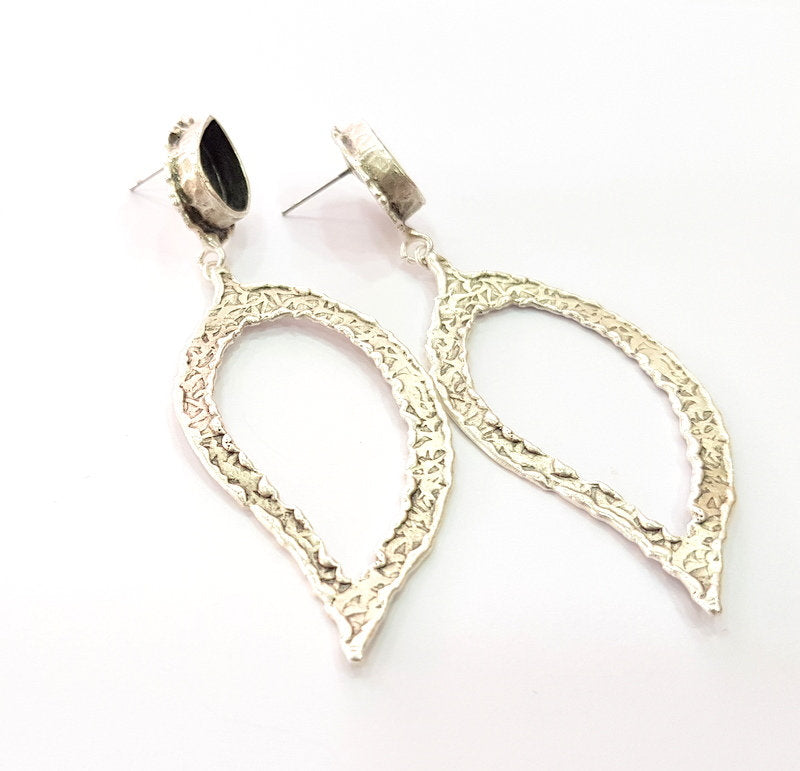 Earring Blank Base Settings Silver Resin Blank Cabochon Base inlay Blank Mountings Antique Silver Plated Brass (14x10mm blank) 1 Set  G14243