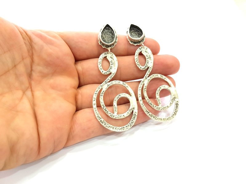 Earring Blank Base Settings Silver Resin Blank Cabochon Base inlay Blank Mountings Antique Silver Plated Brass (14x10mm blank) 1 Set  G14247