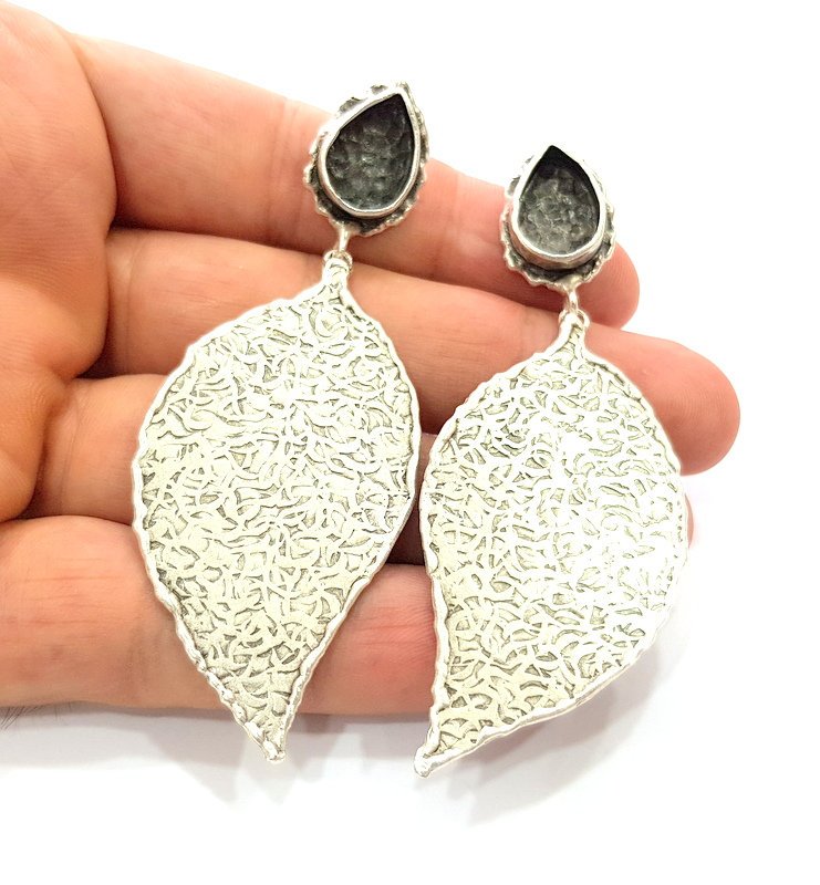 Earring Blank Base Settings Silver Resin Blank Cabochon Base inlay Blank Mountings Antique Silver Plated Brass (14x10mm blank) 1 Set  G14249