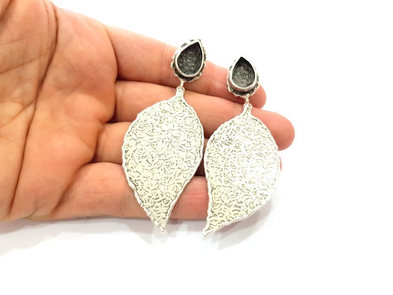 Earring Blank Base Settings Silver Resin Blank Cabochon Base inlay Blank Mountings Antique Silver Plated Brass (14x10mm blank) 1 Set  G14249