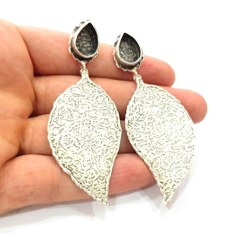 Earring Blank Base Settings Silver Resin Blank Cabochon Base inlay Blank Mountings Antique Silver Plated Brass (14x10mm blank) 1 Set  G14249