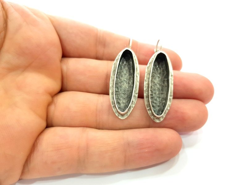 Earring Blank Base Settings Silver Resin Blank Cabochon Base inlay Blank Mountings Antique Silver Plated Brass (29x8mm blank) 1 Set  G14251