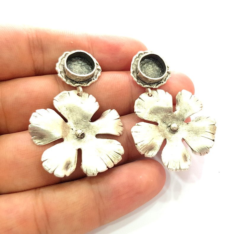 Earring Blank Base Settings Silver Resin Blank Cabochon Base inlay Blank Mountings Antique Silver Plated Brass (10mm blank) 1 Set  G14263