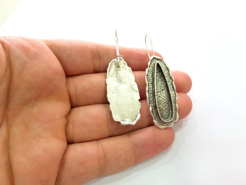 Earring Blank Base Settings Silver Resin Blank Cabochon Base inlay Blank Mountings Antique Silver Plated Brass (33x8mm blank) 1 Set  G14270