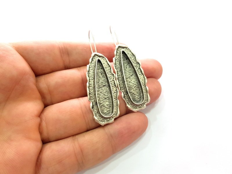 Earring Blank Base Settings Silver Resin Blank Cabochon Base inlay Blank Mountings Antique Silver Plated Brass (33x8mm blank) 1 Set  G14270