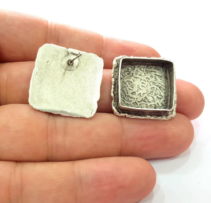 Earring Blank Base Settings Silver Resin Blank Cabochon Base inlay Blank Mountings Antique Silver Plated Brass (18x18mm blank) 1 Set  G14272