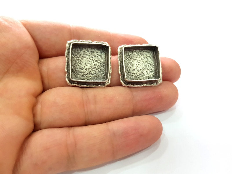 Earring Blank Base Settings Silver Resin Blank Cabochon Base inlay Blank Mountings Antique Silver Plated Brass (18x18mm blank) 1 Set  G14272