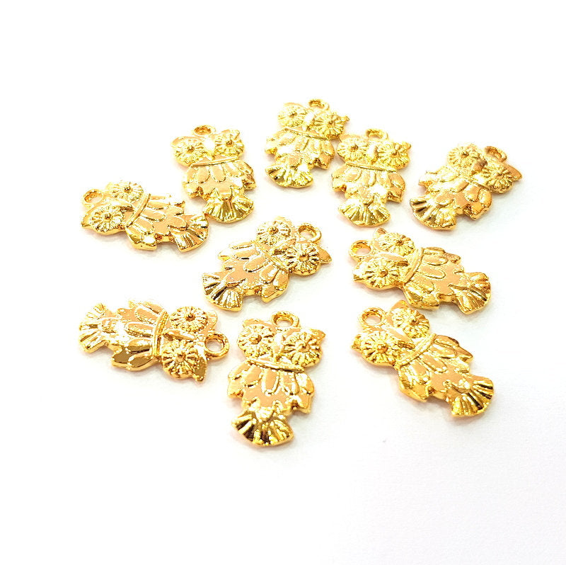 10 Owl Charm 24k Shiny Gold Charm (18x10mm)  G14280