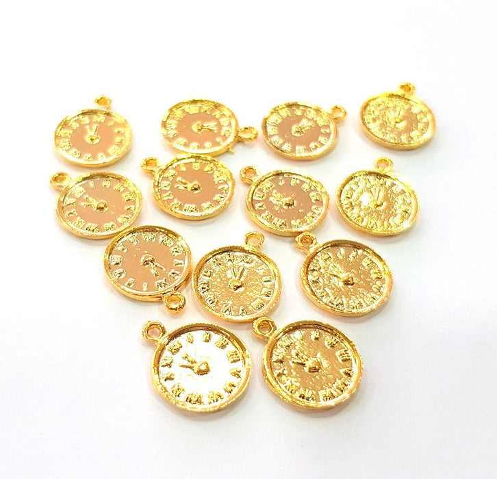 10 Clock Charm Shiny Gold Plated Charm Gold Plated Metal (13mm)  G14290