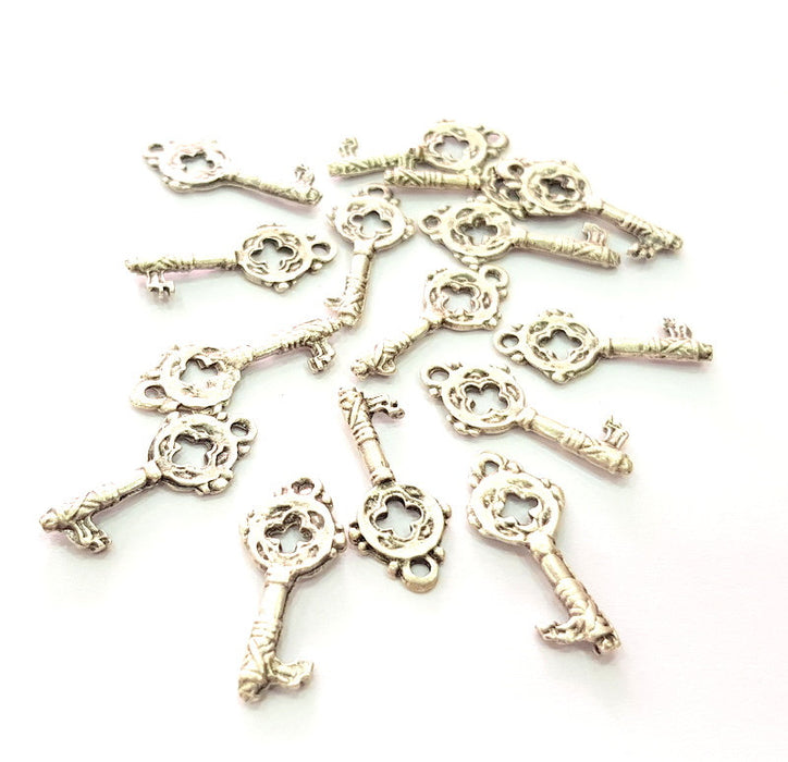 20 Key Charm Silver Charms Antique Silver Plated Metal (25x10mm) G14339