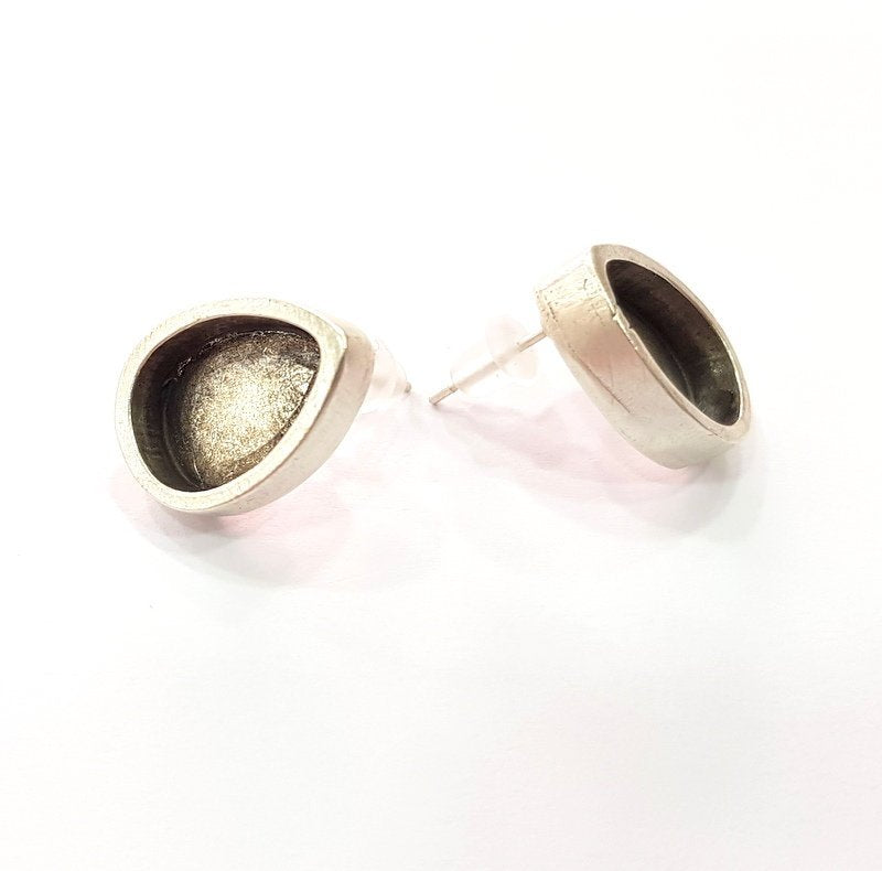 Earring Blank Base Settings Silver Resin Blank Cabochon Base inlay Blank Mountings Antique Silver Plated Metal (14x10mm blank) 1 Set  G14647