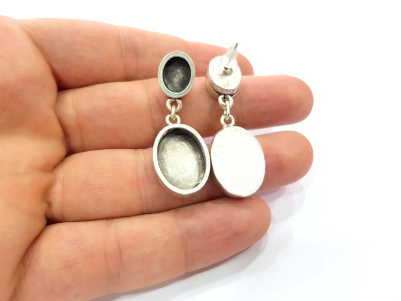 Earring Blank Base Settings Silver Resin Blank Cabochon Base inlay Blank Mountings Antique Silver Plated Metal (10x8+13x18mm ) 1 Set  G14648