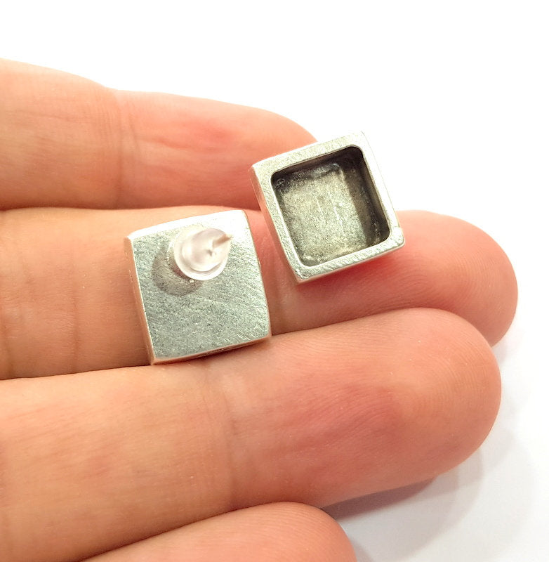 Earring Blank Base Settings Silver Resin Blank Cabochon Base inlay Blank Mountings Antique Silver Plated Metal (10x10mm blank) 1 Set  G15406