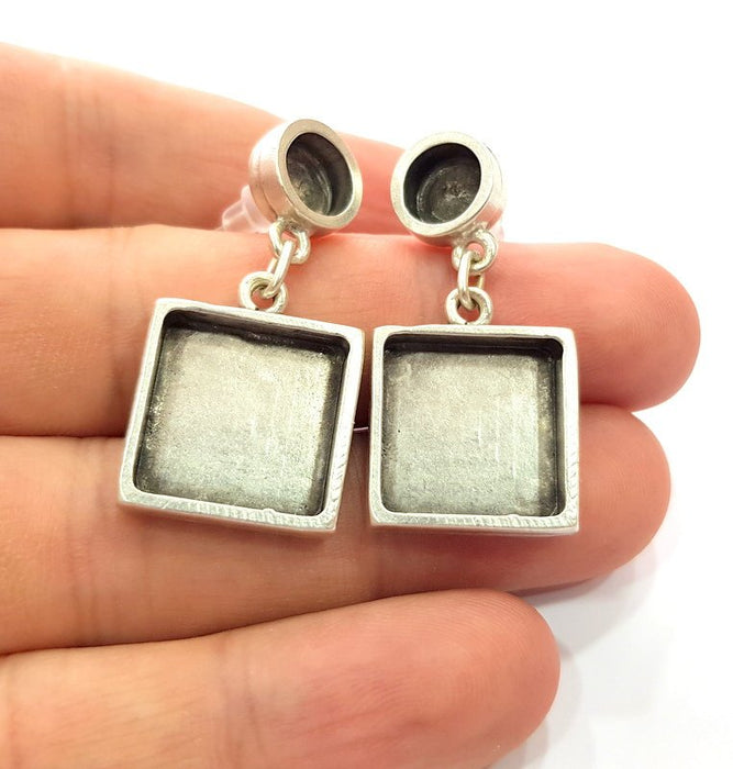 Earring Blank Base Settings Silver Resin Blank Cabochon Base inlay Blank Mountings Antique Silver Plated Metal (8+15x15mm ) 1 Set  G14652
