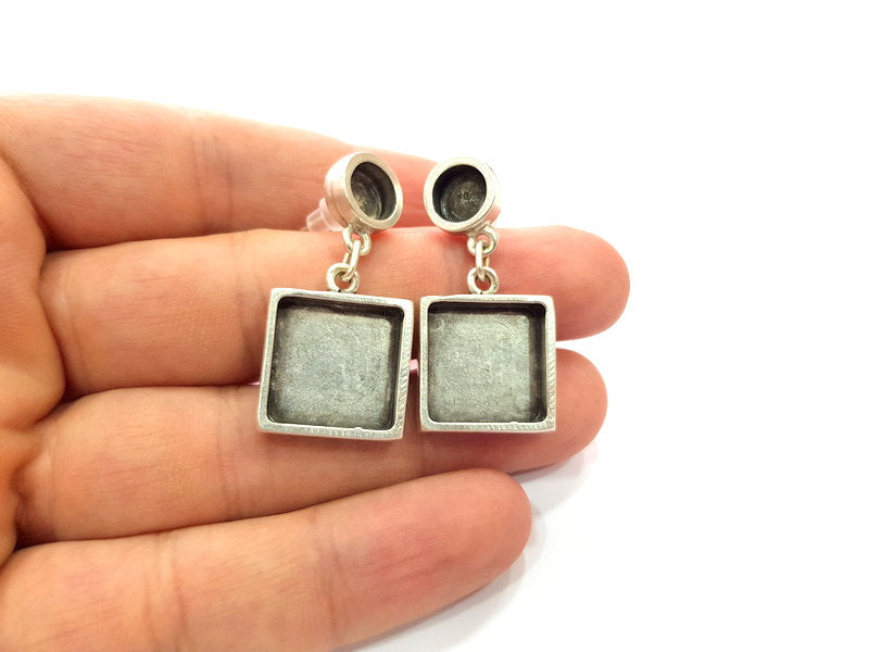 Earring Blank Base Settings Silver Resin Blank Cabochon Base inlay Blank Mountings Antique Silver Plated Metal (8+15x15mm ) 1 Set  G14652