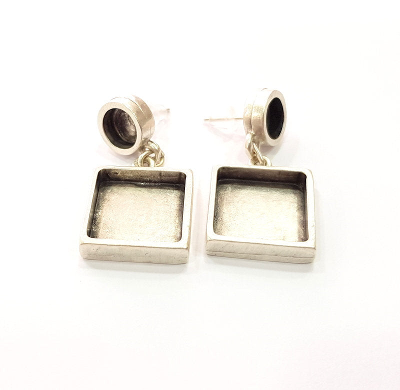 Earring Blank Base Settings Silver Resin Blank Cabochon Base inlay Blank Mountings Antique Silver Plated Metal (8+15x15mm ) 1 Set  G14652