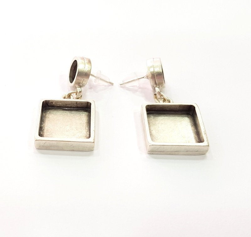 Earring Blank Base Settings Silver Resin Blank Cabochon Base inlay Blank Mountings Antique Silver Plated Metal (8+15x15mm ) 1 Set  G14652