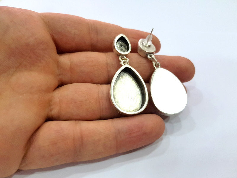 Earring Blank Base Settings Silver Resin Blank Cabochon Base inlay Blank Mountings Antique Silver Plated Metal (10x8+24x17mm ) 1 Set  G14656