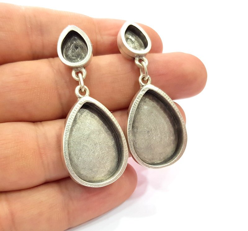 Earring Blank Base Settings Silver Resin Blank Cabochon Base inlay Blank Mountings Antique Silver Plated Metal (10x8+24x17mm ) 1 Set  G14656