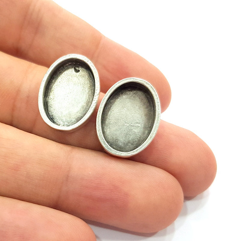 Earring Blank Base Settings Silver Resin Blank Cabochon Base inlay Blank Mountings Antique Silver Plated Metal (18x13mm blank) 1 Set  G15409