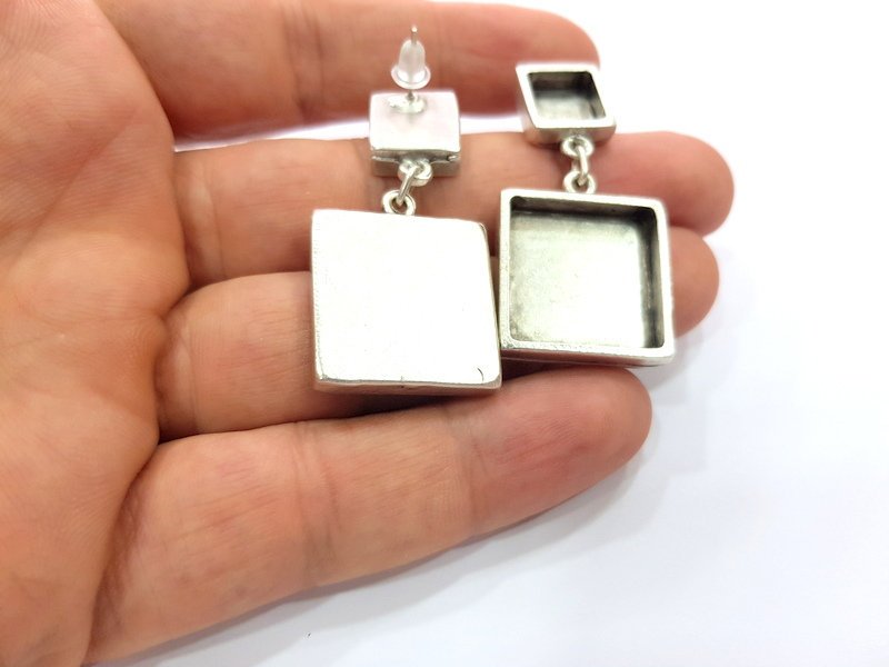 Earring Blank Base Settings Silver Resin Blank Cabochon Base inlay Blank Mountings Antique Silver Plated Metal (10x10+20x20mm) 1 Set  G16746
