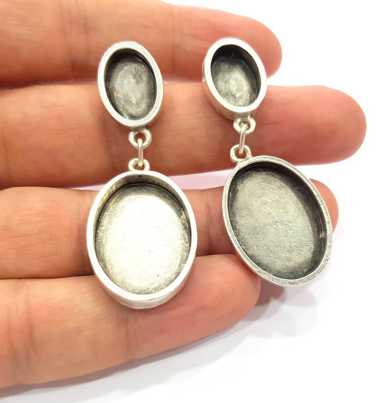 Earring Blank Base Settings Silver Resin Blank Cabochon Base inlay Blank Mountings Antique Silver Plated Metal (14x10+25x18mm) 1 Set  G14664