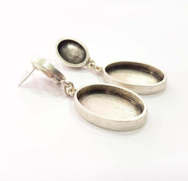 Earring Blank Base Settings Silver Resin Blank Cabochon Base inlay Blank Mountings Antique Silver Plated Metal (14x10+25x18mm) 1 Set  G14664